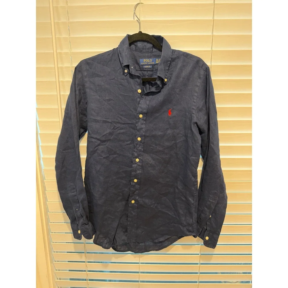 Polo Ralph Lauren Navy Blue 100% Linen Button Down Shirt Classic Fit Mens XS